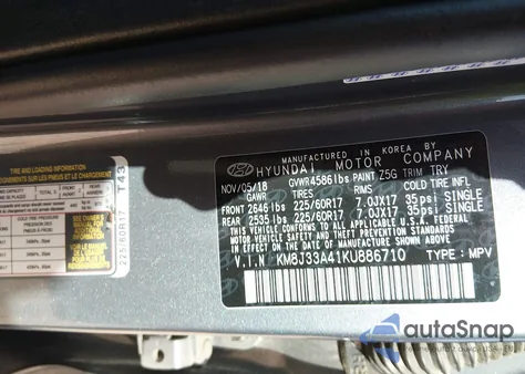 2019 Hyundai Tucson Value z USA, uszkodzony, nr VIN KM8J33A41KU886710